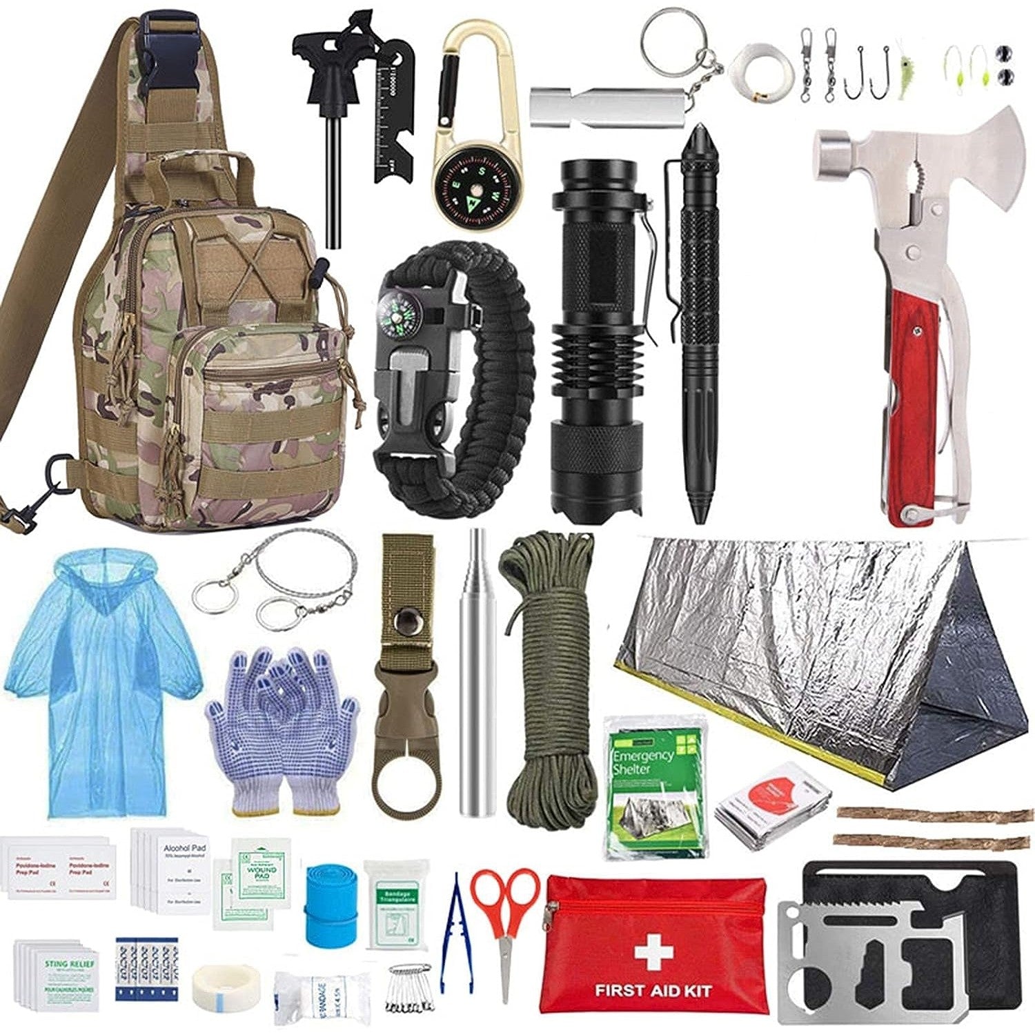 Kit supravietuire multifunctional Flippy, Instrumente profesionale, Trusa de Prim-Ajutor, pentru Camping, Drumetii, Aventuri in aer liber, borseta inclusa, model army-0