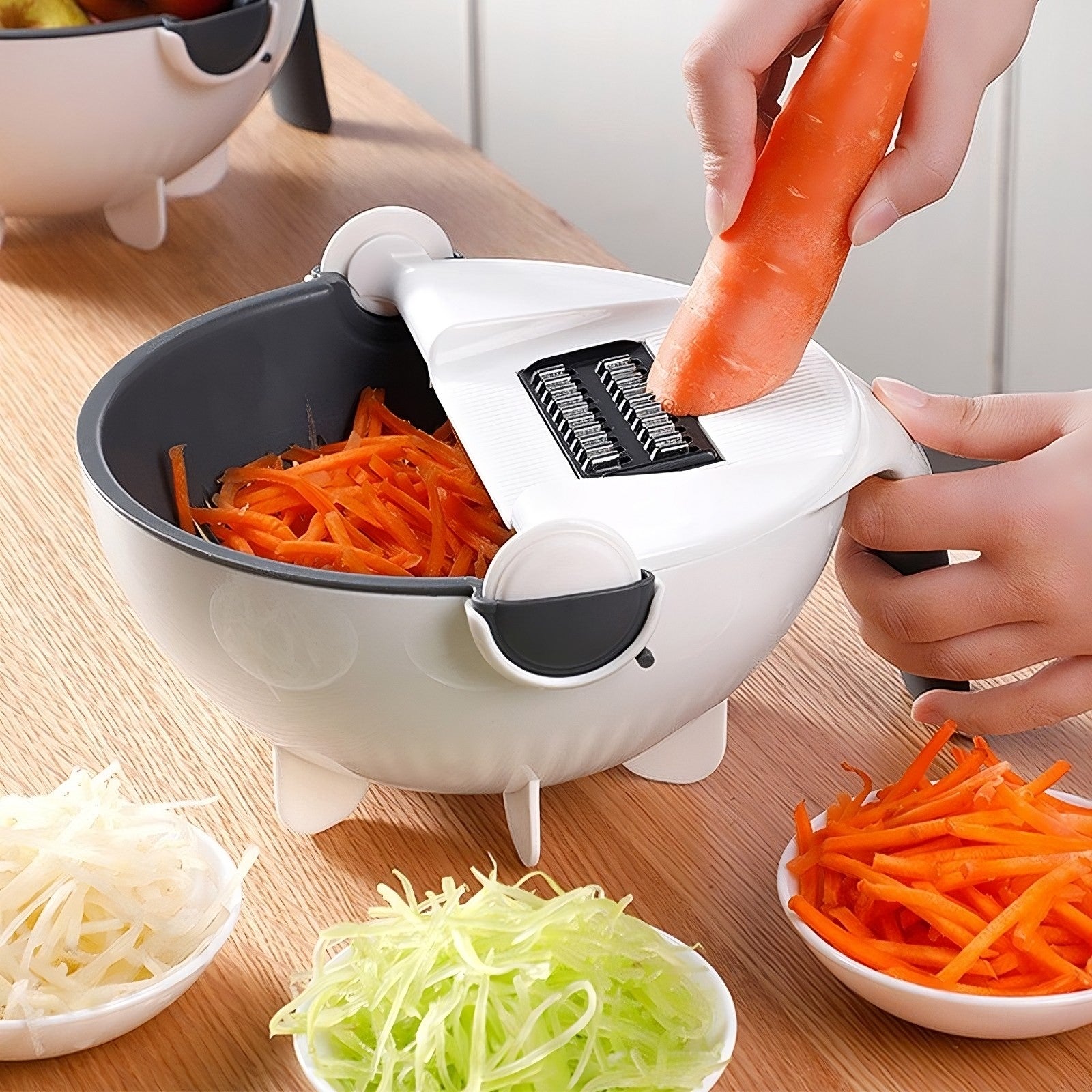 Tocator Multifunctional, Flippy, Lame Otel Inoxidabil, cu Suport Scurgere, Maner, Protectie Mana, 22x22x12 cm, Alb Negru-3