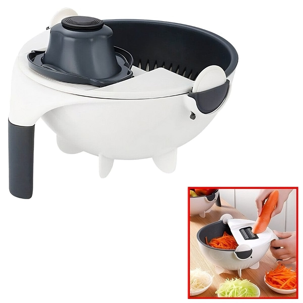 Tocator Multifunctional, Flippy, Lame Otel Inoxidabil, cu Suport Scurgere, Maner, Protectie Mana, 22x22x12 cm, Alb Negru-4