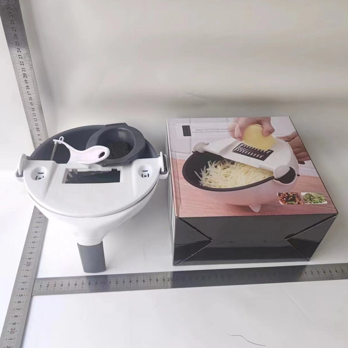 Tocator Multifunctional, Flippy, Lame Otel Inoxidabil, cu Suport Scurgere, Maner, Protectie Mana, 22x22x12 cm, Alb Negru-5