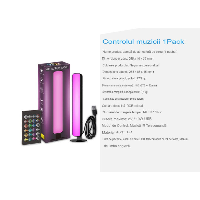Lampa de Birou, Flippy, RGB Colorat, 14 LED, Putere 5V, Telecomanda cu 24 de Taste, Cablu USB, Negru, 25.5x4x3.5cm-8