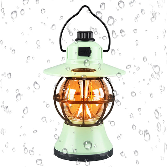 Lampă de camping retro portabilă, Felinar Vintage LED ABS, Acumulator inclus 1200 mAh, reincarcabila, 3 moduri de iluminare, intensitate reglabila,Lampa portabila pentru cort în aer liber, Mint-1