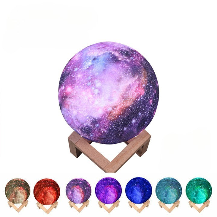 Lampa de veghe cu telecomanda in forma de luna cu stele 3D Moon Light 7 culori, alimentare baterii, stand din lemn inclus, 15 cm, Flippy-5