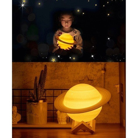 Lampa de veghe in forma de Saturn 3D Moon Light Alb Cald, alimentare baterii, stand plastic inclus, 13 cm, Flippy-2