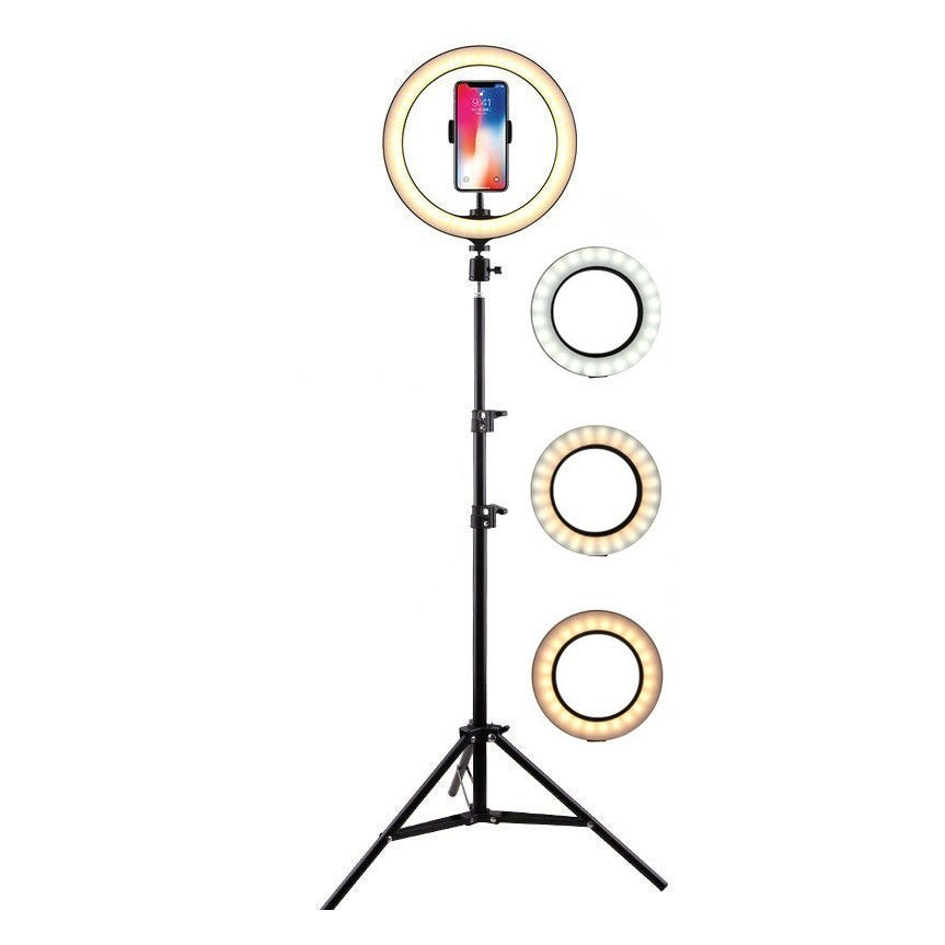 Lampa LED Circulara cu Trepied Metalic Extensibil, Flippy, Rotativa 360 de Grade, Lungime Extensie 210 cm, Diametru Lampa 26 cm, Conectare USB, Telecomanda, 3 Trepte de Lumina, Negru-0