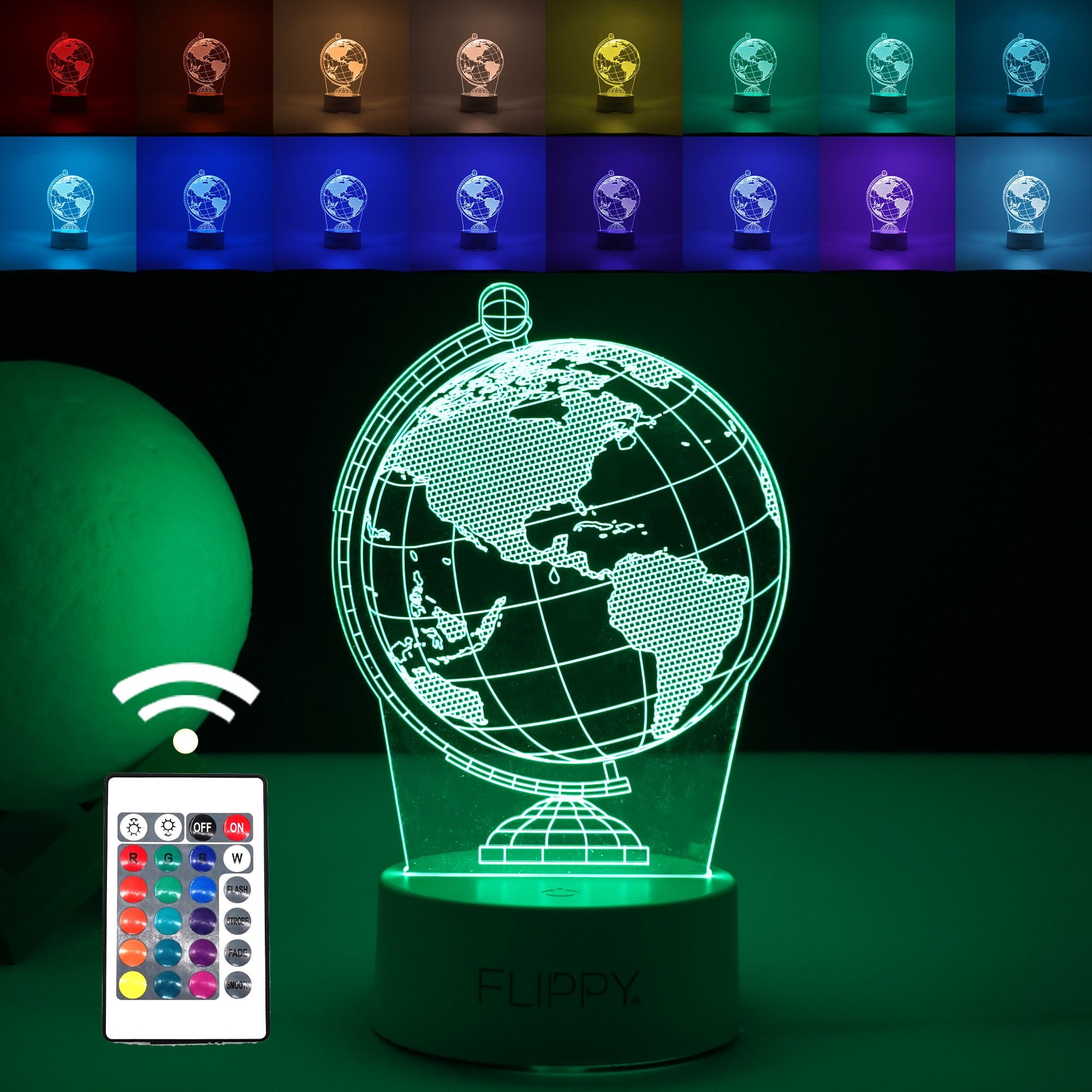 Lampa LED decorativa, Flippy, 3D, Globul Pamantesc, doua moduri de alimentare USB si baterii, 20 cm inaltime, din material acril si lumina multicolora, alb-0