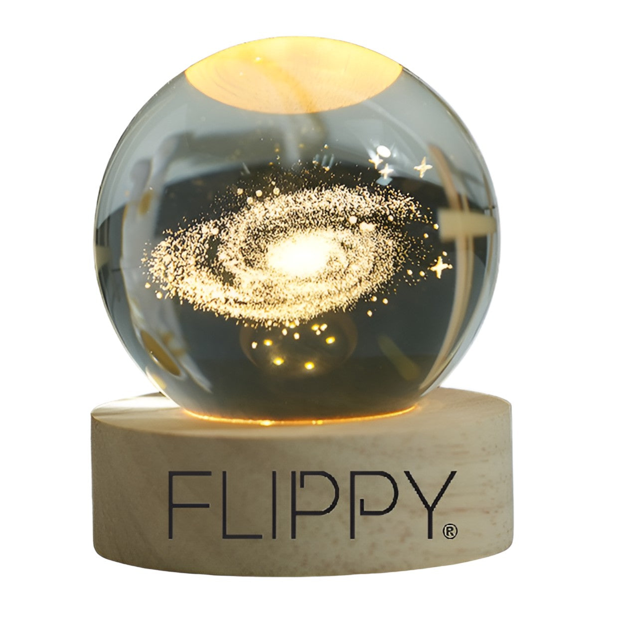 Lampa LED Decorativa, Flippy, cu Bila de Cristal cu Diametru 6cm, Model Galaxie 3D, Alimentare USB, Suport din Lemn, Lumina Alb Cald-0