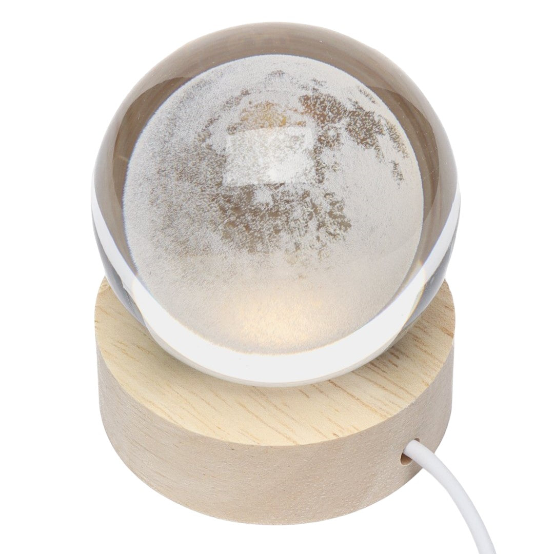 Lampa LED Decorativa, Flippy, cu Bila de Cristal cu Diametru 6cm, Model Luna 3D, Alimentare USB, Suport din Lemn, Lumina Alb Cald-0