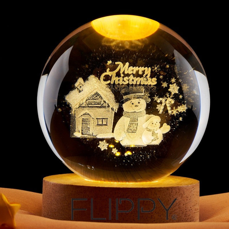 Lampa LED Decorativa, Flippy, cu Bila de Cristal cu Diametru 6cm, Model Merry Christmas 3D, Alimentare USB, Suport din Lemn, Lumina Alb Cald-1