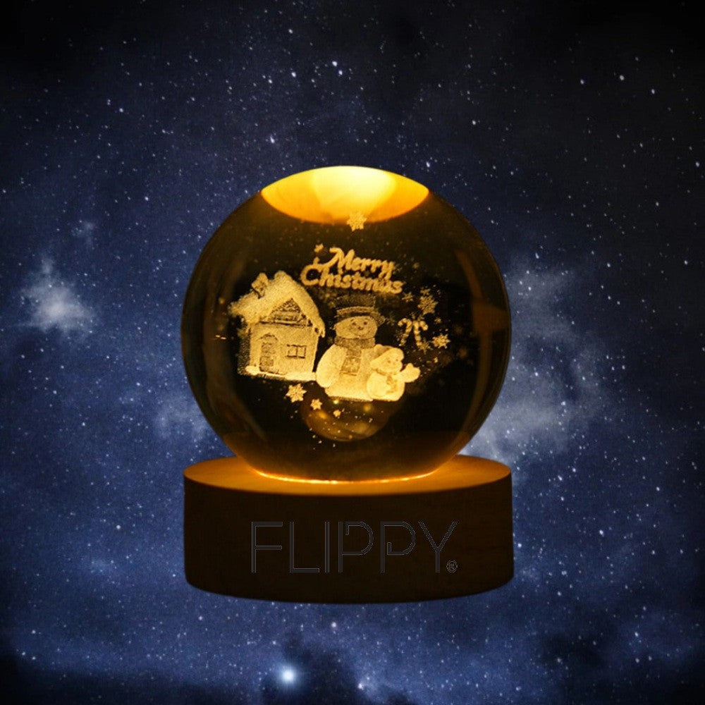 Lampa LED Decorativa, Flippy, cu Bila de Cristal cu Diametru 6cm, Model Merry Christmas 3D, Alimentare USB, Suport din Lemn, Lumina Alb Cald-2