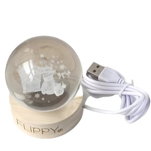 Lampa LED Decorativa, Flippy, cu Bila de Cristal cu Diametru 6cm, Model Merry Christmas 3D, Alimentare USB, Suport din Lemn, Lumina Alb Cald-0