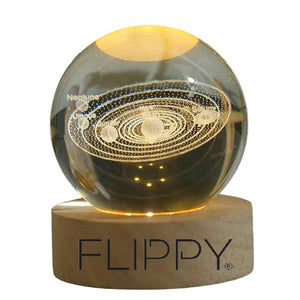 Lampa LED Decorativa, Flippy, cu Bila de Cristal cu Diametru 6cm, Model Sistemul Solar 3D, Alimentare USB, Suport din Lemn, Lumina Alb Cald-0