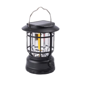 Lampa portabila camping, Felinar Vintage, ABS, Iluminare 30 COB LED, Intensitate reglabila, Acumulator inclus, Incarcare Solara si USB, 5W, Flippy, Negru-0