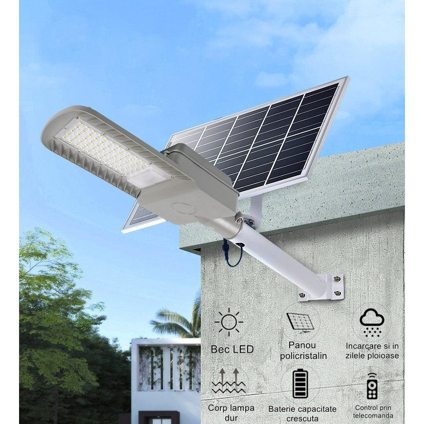Lampa solara pentru strada sau gradina Flippy, IP65, senzor de lumina, 100 LED-uri SMD, 3150 lm, 500W autonomie 12-16 ore, telecomanda, montare prin fixare, pentru strada sau gradina, finisaj mat, material ABS, 51.5 x 21 x 7.5, lumina alb rece, -2