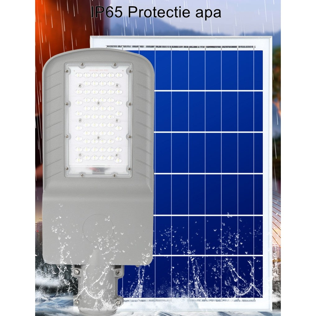 Lampa solara pentru strada sau gradina Flippy, IP65, senzor de lumina, 100 LED-uri SMD, 3150 lm, 500W autonomie 12-16 ore, telecomanda, montare prin fixare, pentru strada sau gradina, finisaj mat, material ABS, 51.5 x 21 x 7.5, lumina alb rece, -4