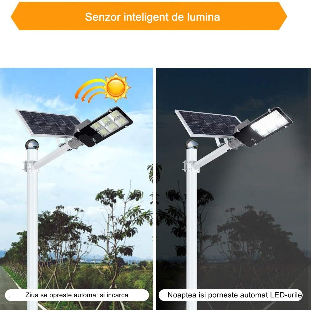 Lampa solara stradala Flippy, IP65, senzor de lumina, 100 LED-uri SMD, 7200 lm, panou 12W, putere 80W, autonomie 12-16 ore, telecomanda, montare prin fixare, pentru strada sau gradina, finisaj lucios, material ABS, 38.6 x 13.3 x 6.5 cm, lumina a-2