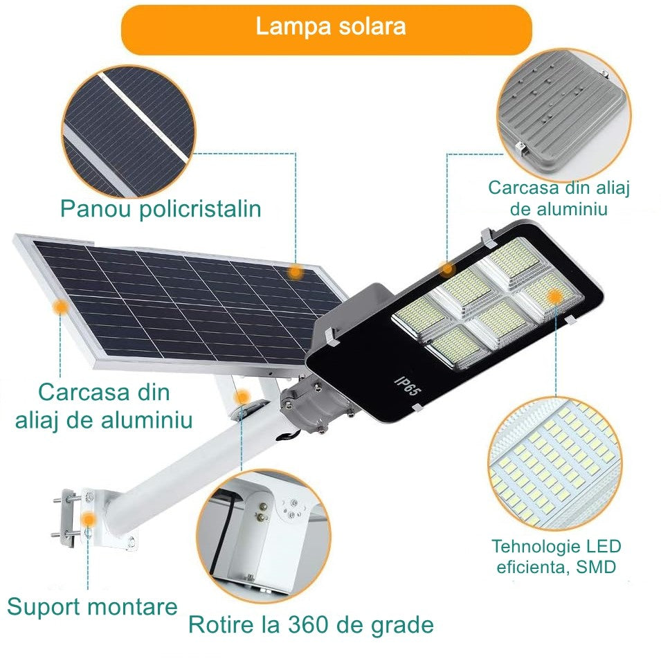 Lampa solara stradala Flippy, IP65, senzor de lumina, 100 LED-uri SMD, 7200 lm, panou 12W, putere 80W, autonomie 12-16 ore, telecomanda, montare prin fixare, pentru strada sau gradina, finisaj lucios, material ABS, 38.6 x 13.3 x 6.5 cm, lumina a-3