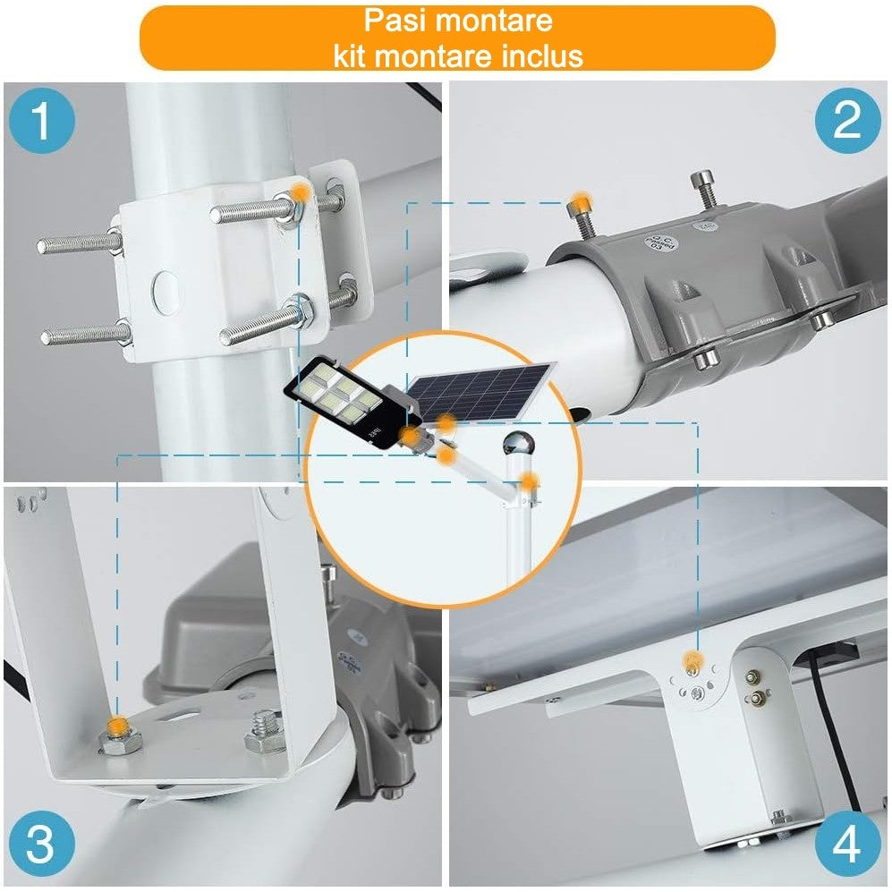 Lampa solara stradala Flippy, IP65, senzor de lumina, 100 LED-uri SMD, 7200 lm, panou 12W, putere 80W, autonomie 12-16 ore, telecomanda, montare prin fixare, pentru strada sau gradina, finisaj lucios, material ABS, 38.6 x 13.3 x 6.5 cm, lumina a-4