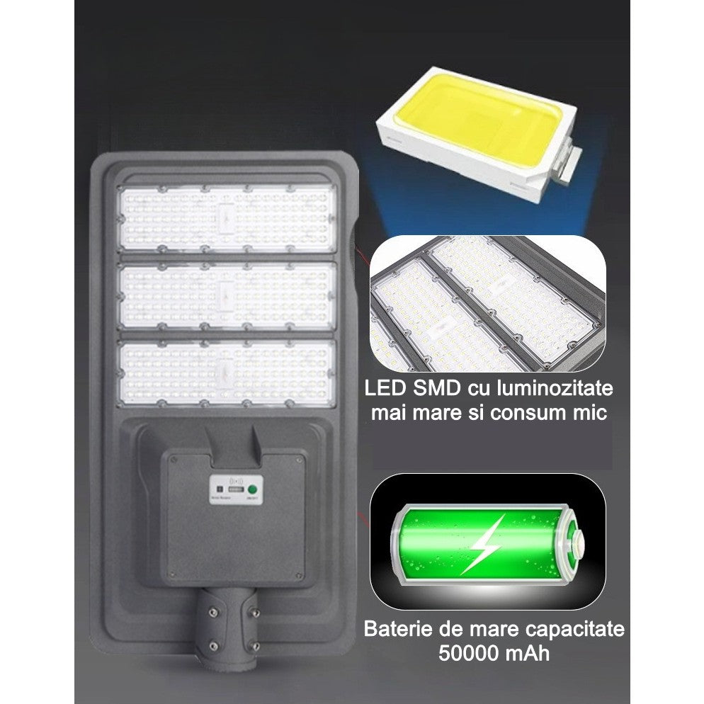 Lampa solara stradala Flippy, IP65, senzor de lumina, 510 LED-uri SMD, 5000 lm, panou 53W, putere 500W, autonomie 12-16 ore, telecomanda, montare prin fixare, pentru strada sau gradina, finisaj mat, material ABS, 91.6 x 36.5 x 8.7 cm, gri-1