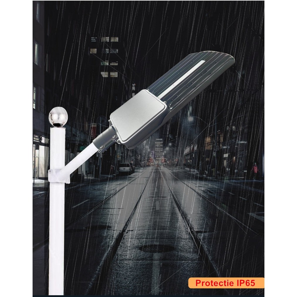 Lampa solara stradala Flippy, IP65, senzor de lumina, 510 LED-uri SMD, 5000 lm, panou 53W, putere 500W, autonomie 12-16 ore, telecomanda, montare prin fixare, pentru strada sau gradina, finisaj mat, material ABS, 91.6 x 36.5 x 8.7 cm, gri-2
