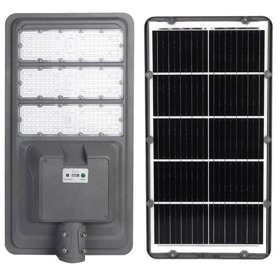 Lampa solara stradala Flippy, IP65, senzor de lumina, 510 LED-uri SMD, 5000 lm, panou 53W, putere 500W, autonomie 12-16 ore, telecomanda, montare prin fixare, pentru strada sau gradina, finisaj mat, material ABS, 91.6 x 36.5 x 8.7 cm, gri-0