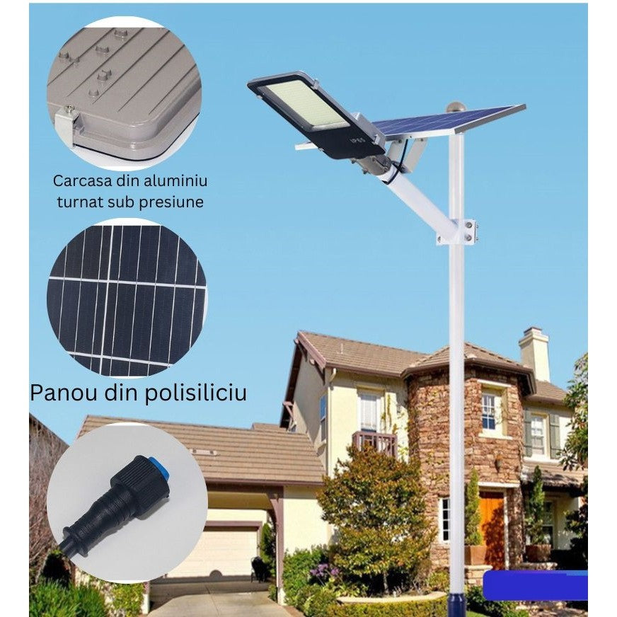 Lampa solara stradala Flippy, pentru curte sau strada, finisaj lucios, rezistent la apa, montare prin fixare, senzor lumina, baterie de litiu, IP65, lumina rece, putere 200W, autonomie 10 ore, 49 x 21 x 6.5 cm, negru-3