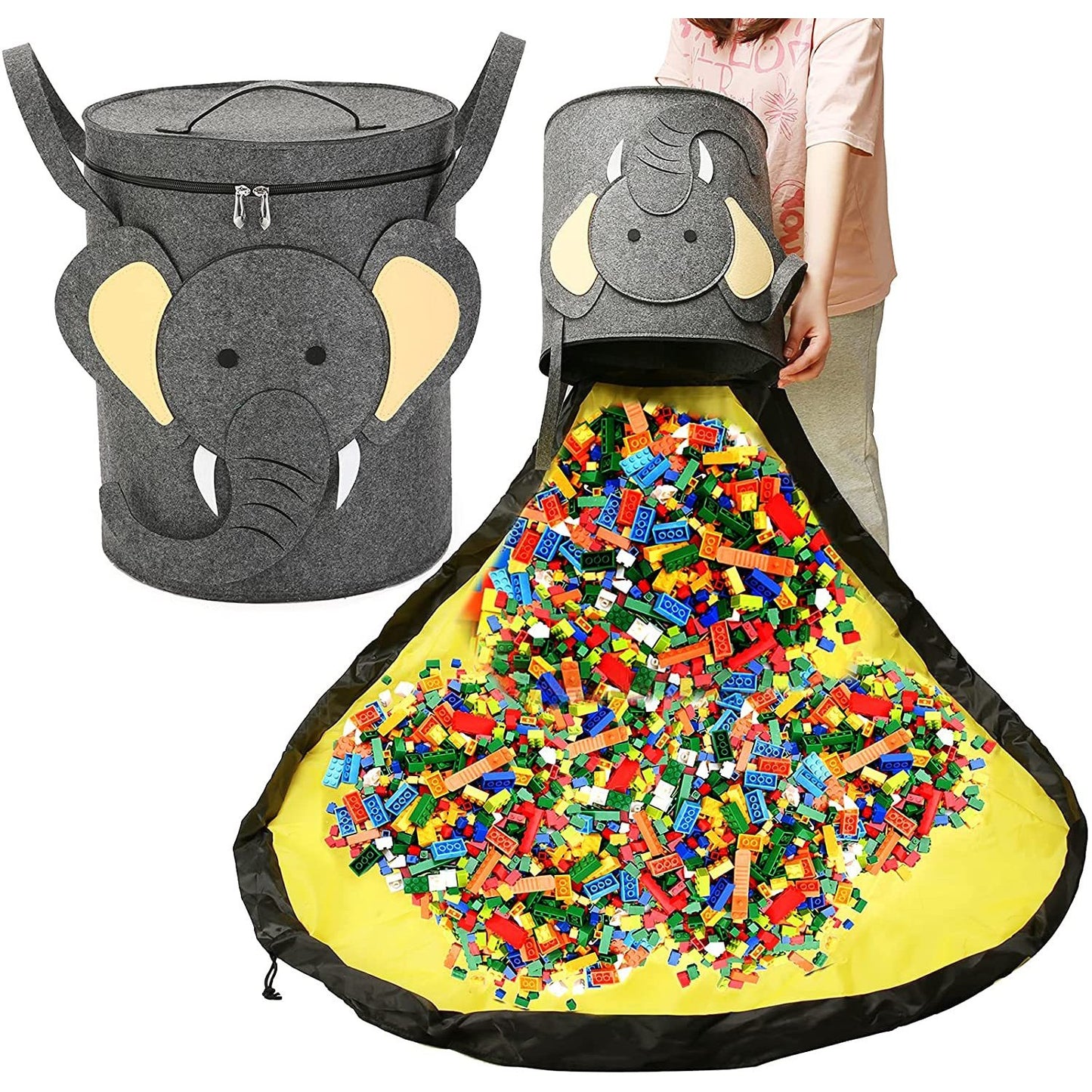 Cutie de Depozitare 2In1, Flippy, Impermeabila, Covor pentru Jucarii si Lego 150cm, Capacitate Mare, cu Manere, cu Sfori, Inaltime 40cm, Model Elefan, Gri-2