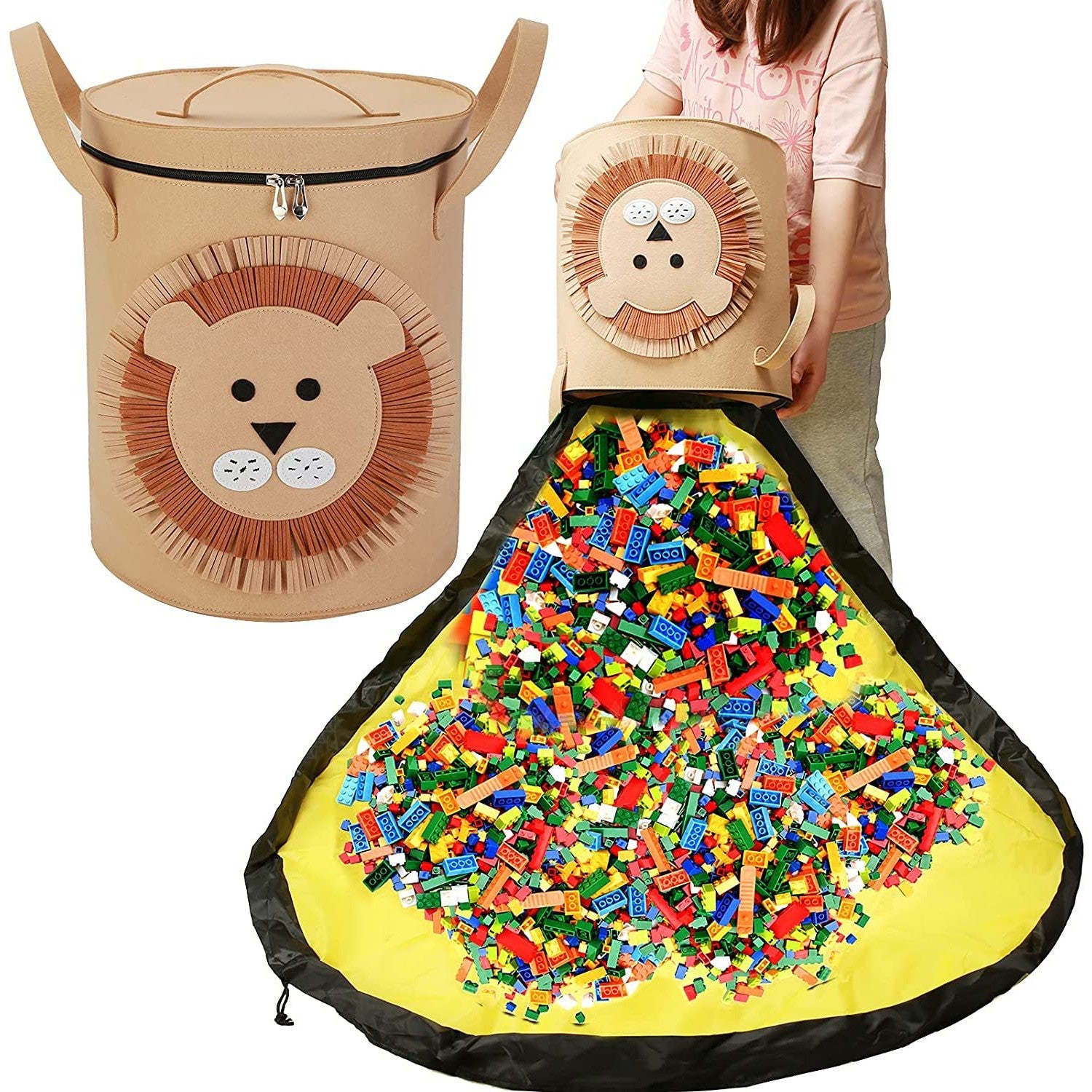 Cutie de Depozitare 2In1, Flippy, Impermeabila, Covor pentru Jucarii si Lego 150cm, Capacitate Mare, cu Manere, cu Sfori, Inaltime 40cm, Model Leu, Maro-2