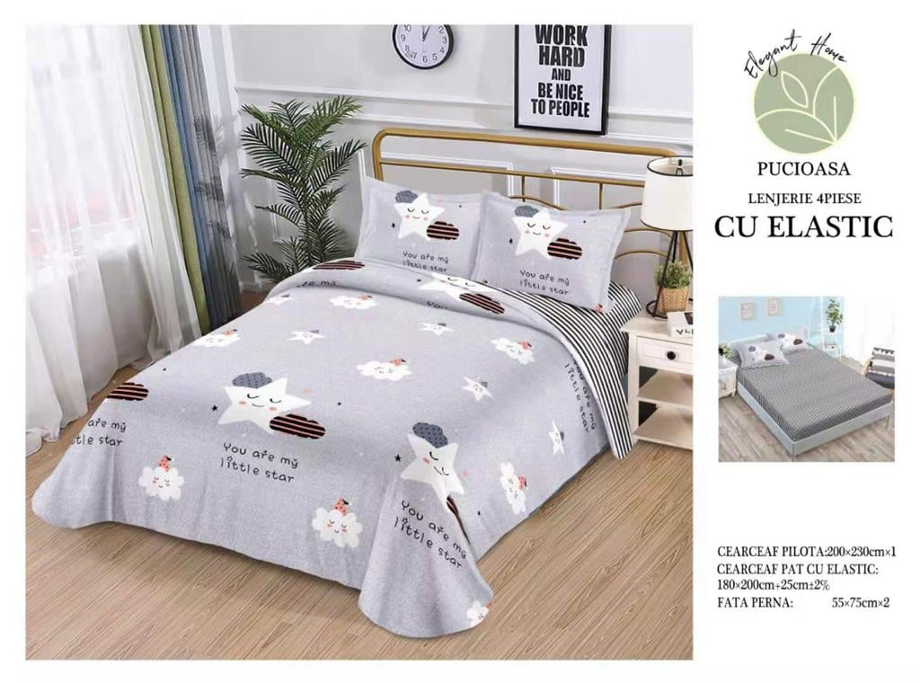 Lenjerie de pat dublu cu elastic – My Little Star, Bumbac Satinat, 4 piese, Alb