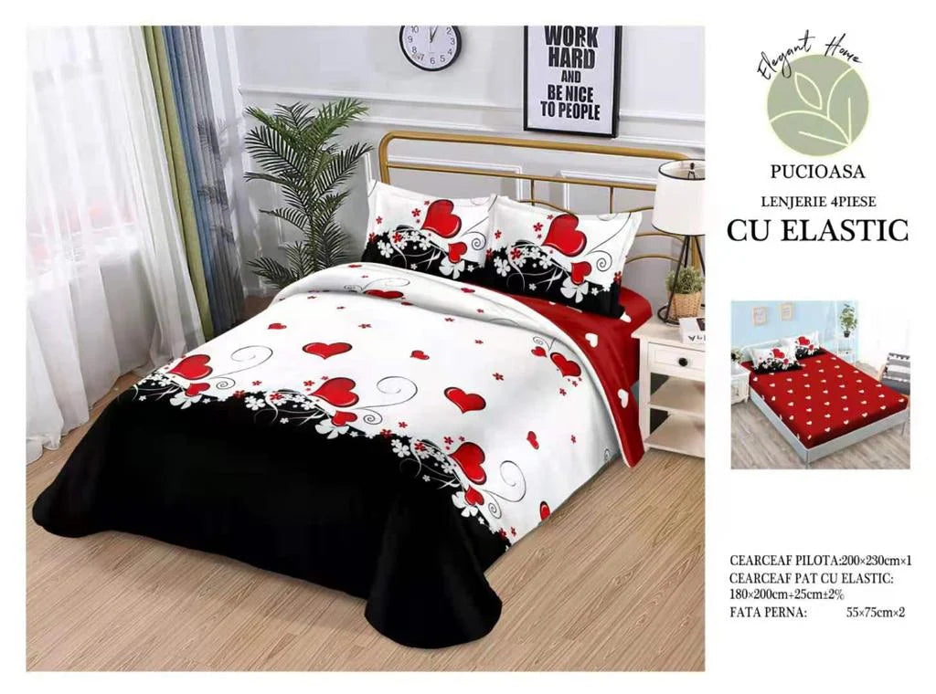 Lenjerie De Pat Bumbac Satinat Cu Elastic - Red Hearts