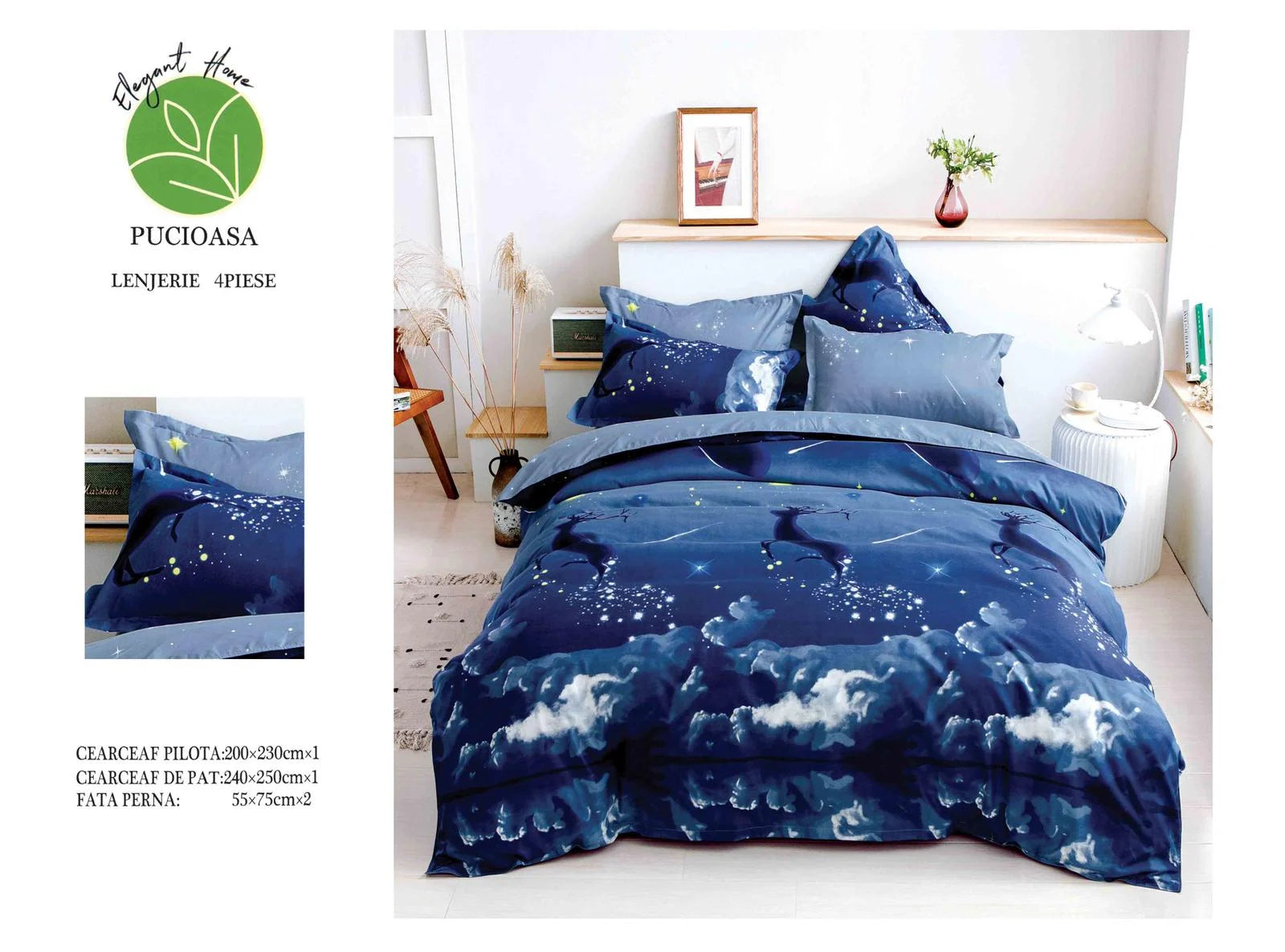 Lenjerie de pat bumbac satinat superior – Cerb în Noapte, 4 piese