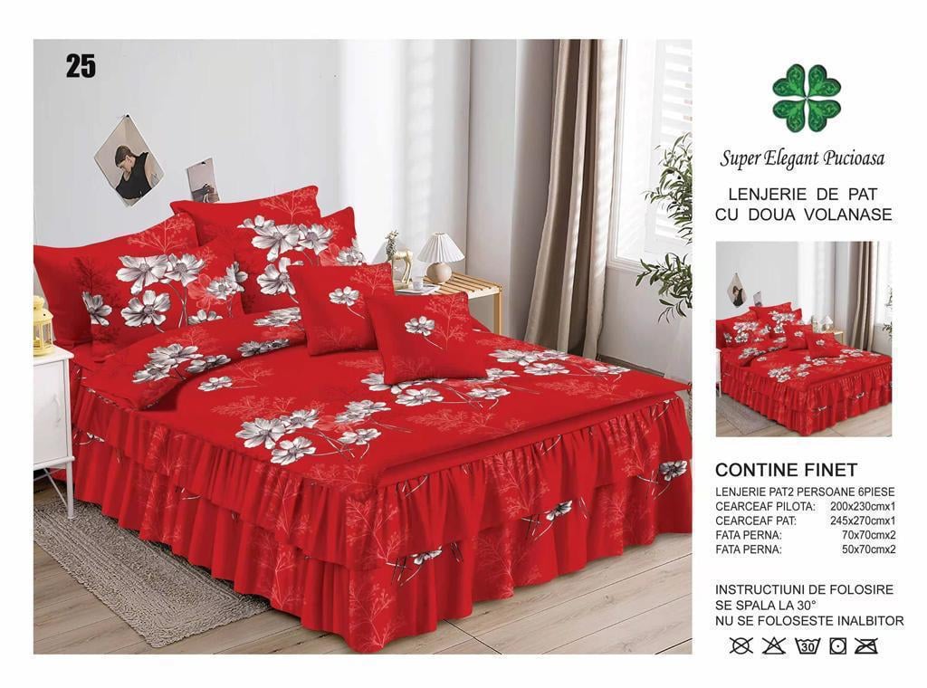 Lenjerie De Pat Finet Cu Volanase - Rosu Cu Flori