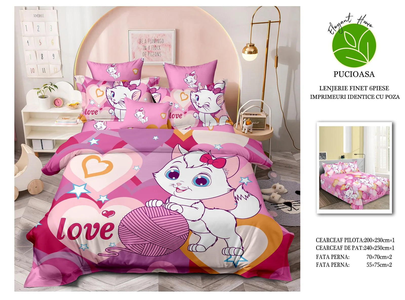 Lenjerie De Pat Finet Premium 6 piese pat 2 persoane - Hello Kitty Love