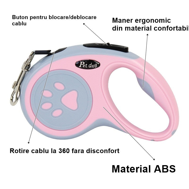 Lesa Automata Retractabila, Flippy, pentru Caini, 3m, 20 kg, ABS/Nylon, Roz/Gri, 8x12x4 cm-1