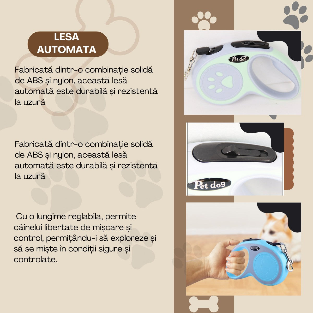 Lesa Automata Retractabila, Flippy, pentru Caini, 5 m, 20 kg, ABS, Verde/Bleu, 8x12x4 cm-1