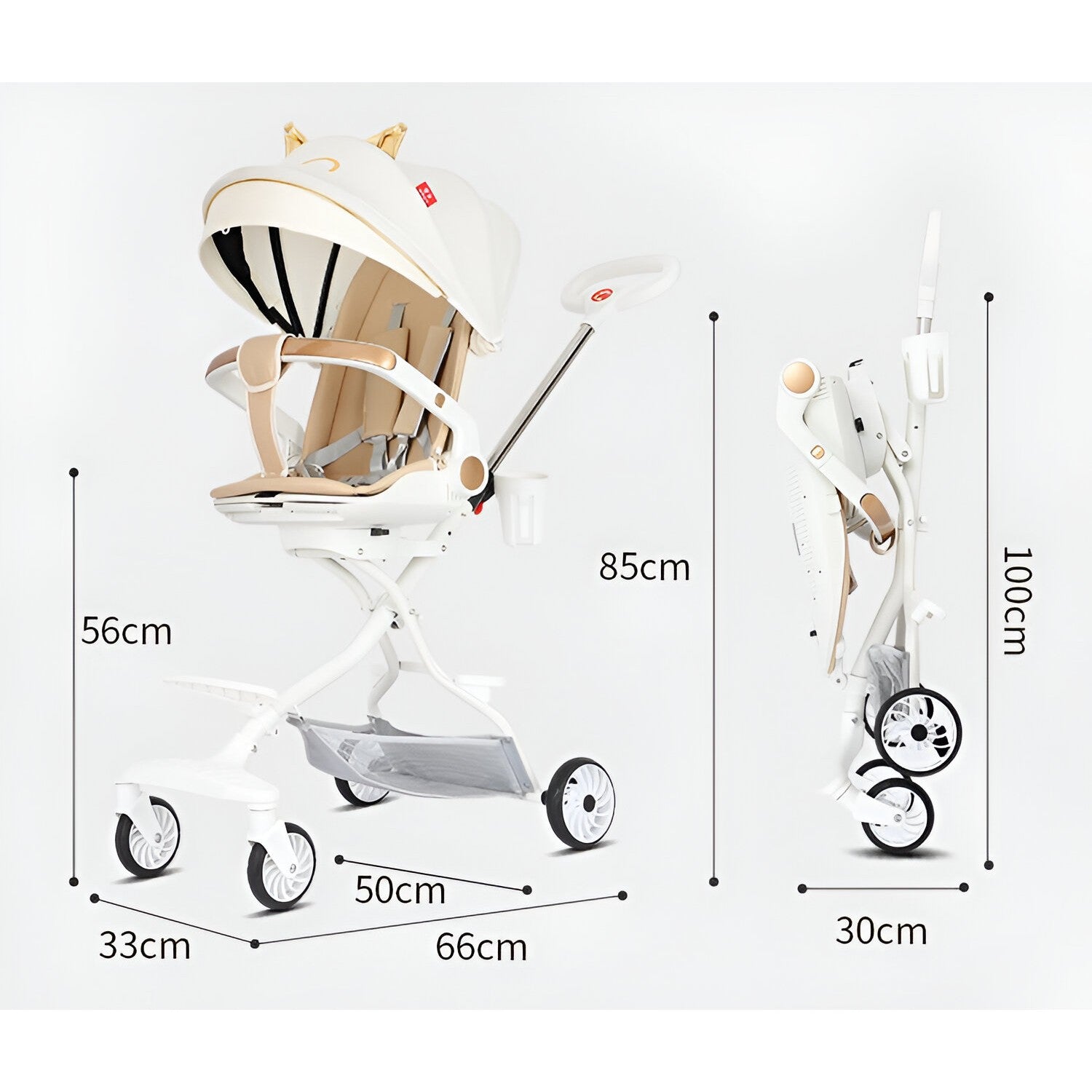 Carucior Sport Flippy 3in1, 6-36 Luni, Reversibil, Pliabil, Tavita pentru Masa, Pozitie de Somn, Centura de Siguranta, Roti 360, Suport Pahar, Copertina pentru Soare, 33x66x85cm, Alb Model Pisica-5