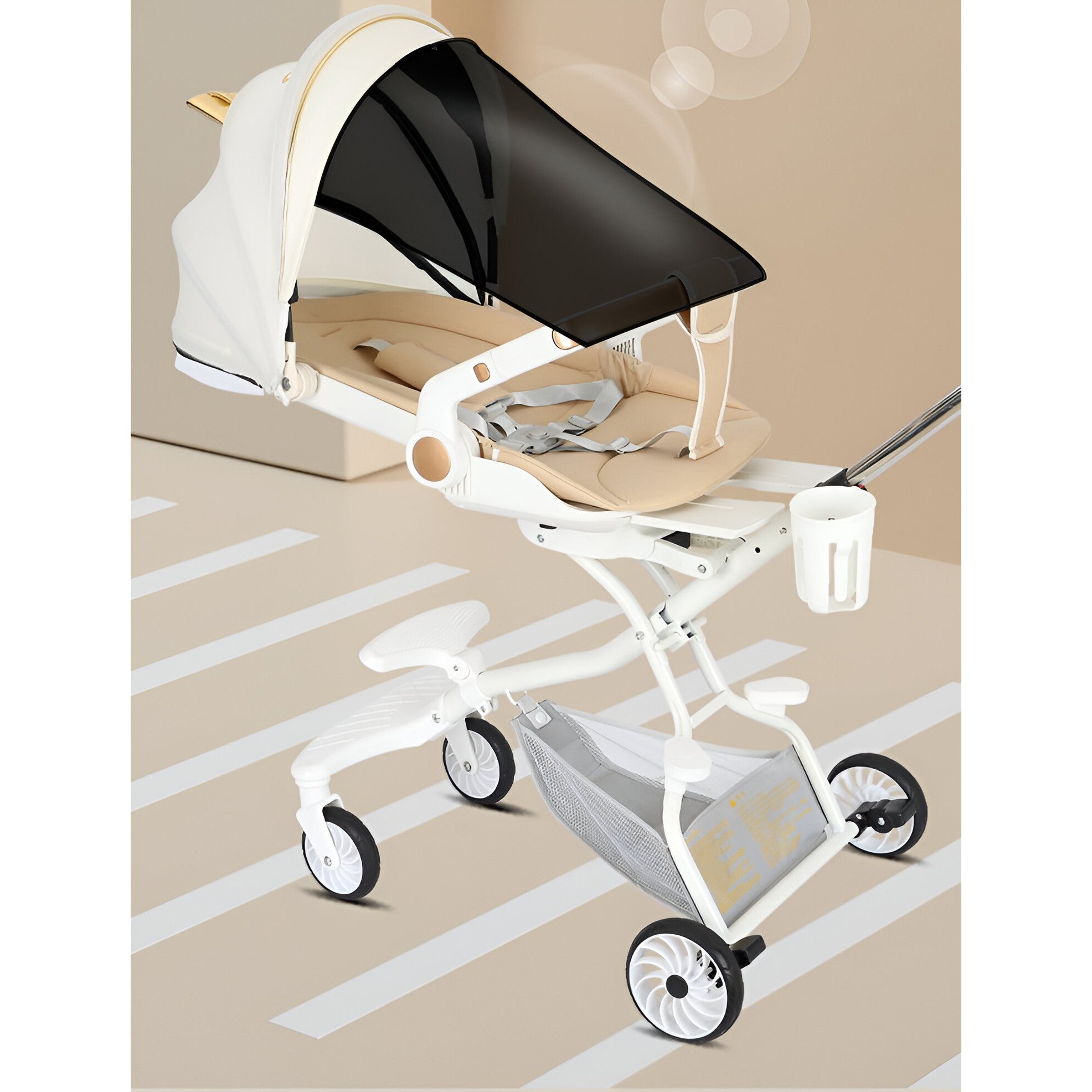 Carucior Sport Flippy 3in1, 6-36 Luni, Reversibil, Pliabil, Tavita pentru Masa, Pozitie de Somn, Centura de Siguranta, Roti 360, Suport Pahar, Copertina pentru Soare, 33x66x85cm, Alb Model Pisica-6