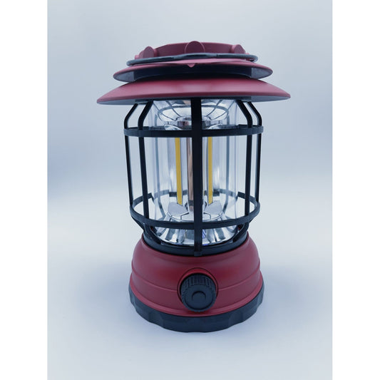Lampa portabila camping, Felinar Vintage, ABS, Iluminare 30 COB LED, Intensitate reglabila, Acumulator inclus, Incarcare Solara si USB, 5W, Flippy, Rosu-1
