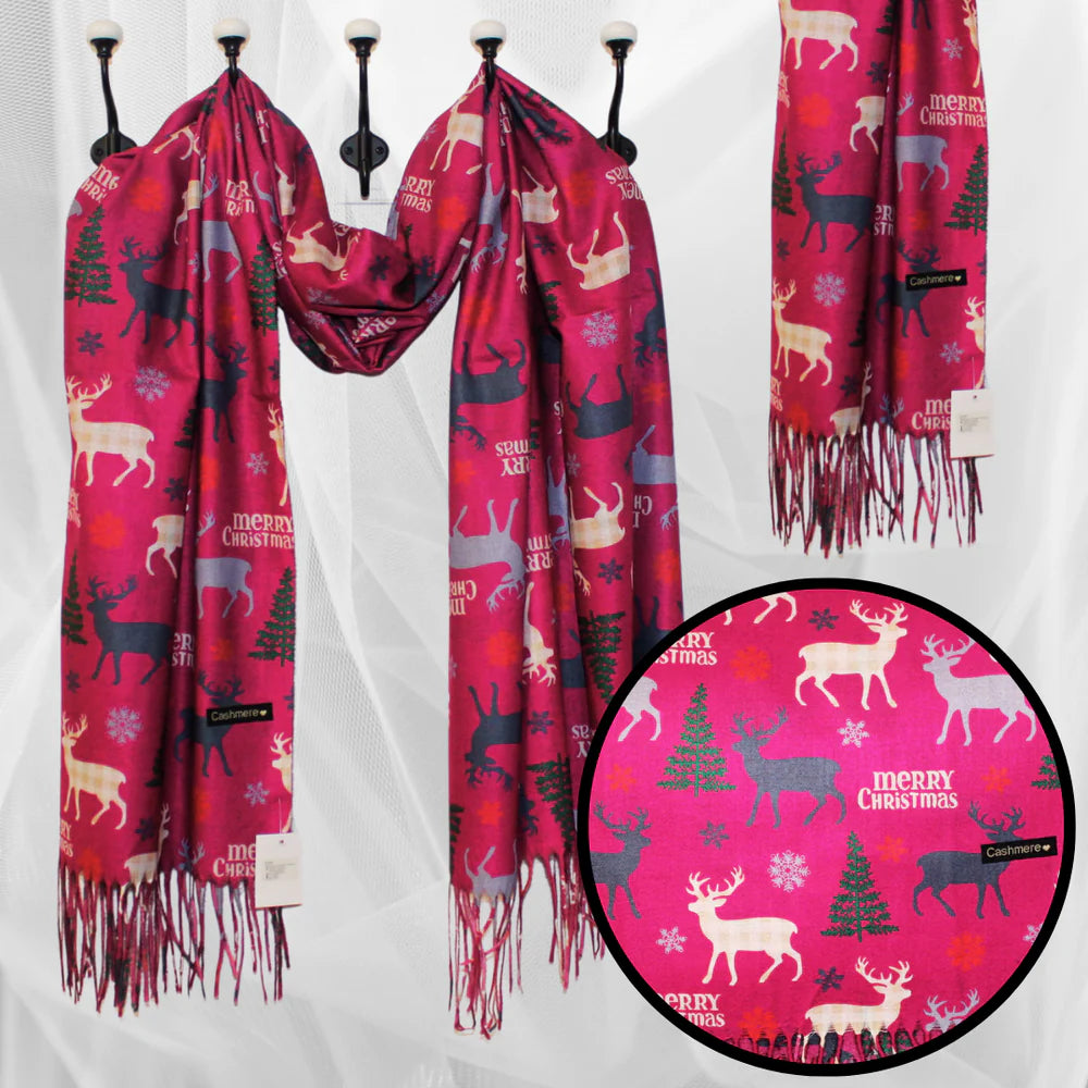 Esarfa Casmir de Crăciun cu Model Reni - Magenta