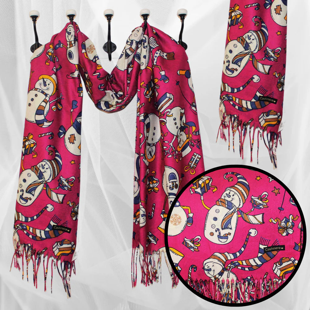 Esarfa Casmir de Crăciun cu Model Oameni de Zăpadă - Magenta