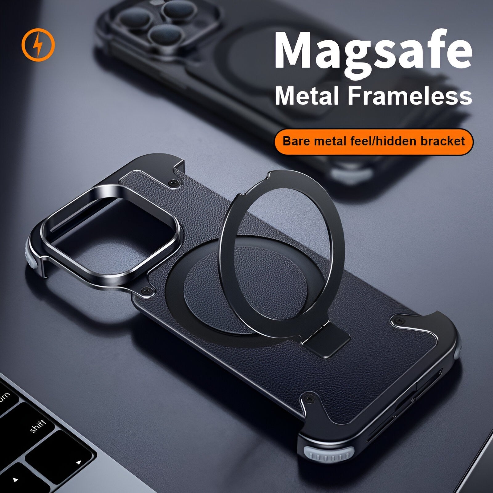 Husa de Protectie Compatibil cu iPhone 15 Pro, Flippy, Incarcare Wireless, Tehnologie Magsafe, Inel Magnetic Rotativ 360 cu Functie de Suport, Rama Metalica, Carcasa din Piele, Negru-3