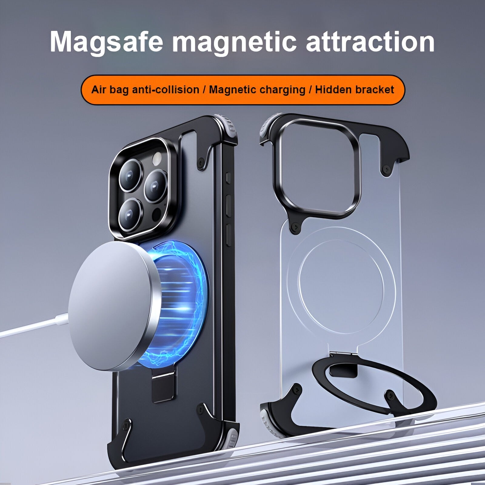 Husa de Protectie Compatibil cu iPhone 15 Pro, Flippy, Incarcare Wireless, Tehnologie Magsafe, Inel Magnetic Rotativ 360 cu Functie de Suport, Rama Metalica, Carcasa din Piele, Negru-4