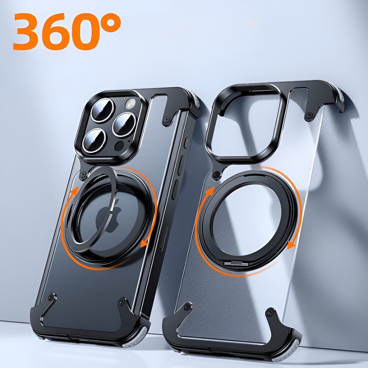Husa de Protectie Compatibil cu iPhone 15 Pro, Flippy, Incarcare Wireless, Tehnologie Magsafe, Inel Magnetic Rotativ 360 cu Functie de Suport, Rama Metalica, Carcasa din PC, Negru Transparent-4