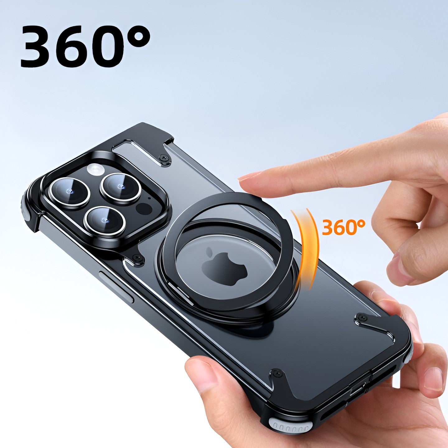 Husa de Protectie Compatibil cu iPhone 15 Pro, Flippy, Incarcare Wireless, Tehnologie Magsafe, Inel Magnetic Rotativ 360 cu Functie de Suport, Rama Metalica, Carcasa din PC, Negru Transparent-5