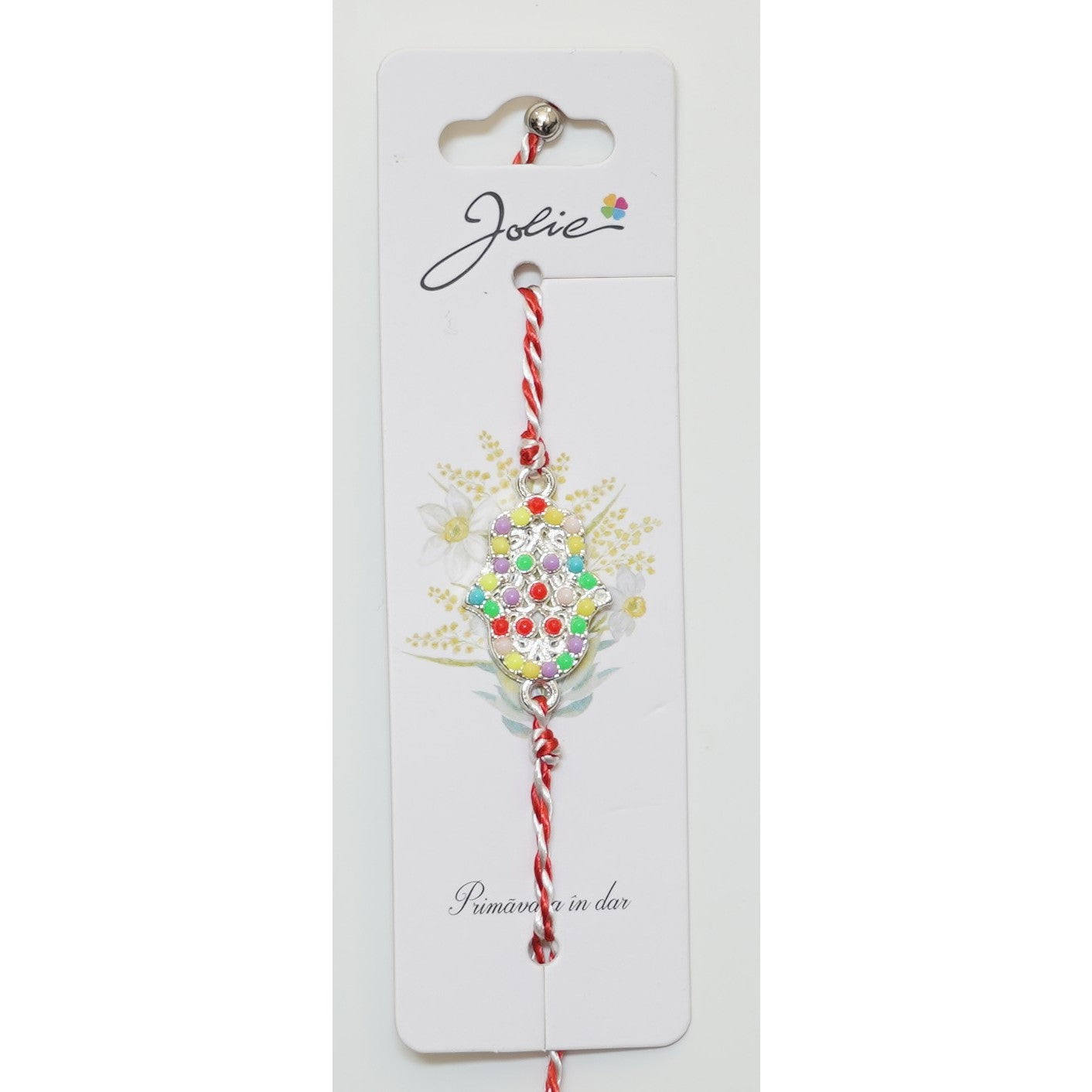 Martisor Bratara Alb-Rosu cu Pandantiv Metalic, Model 2-0