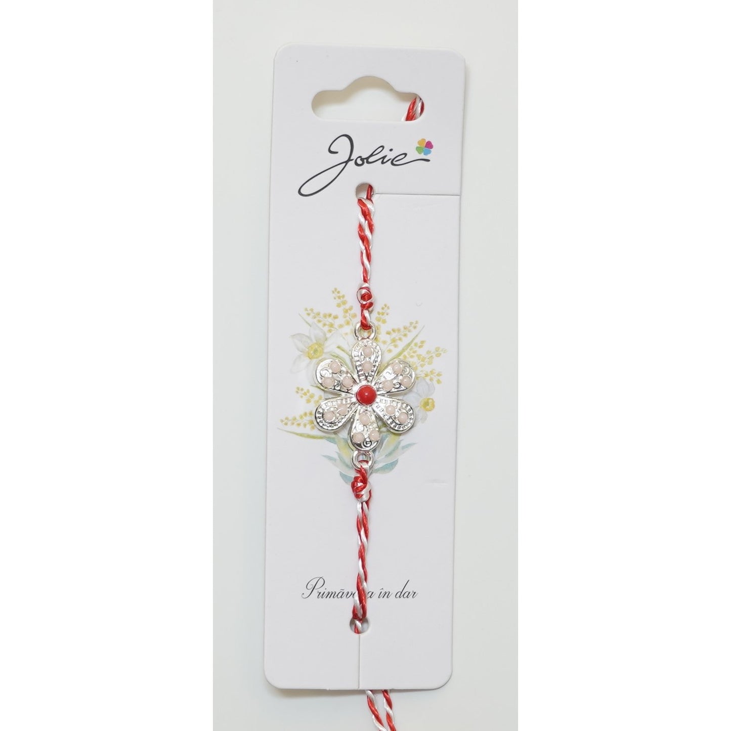 Martisor Bratara Alb-Rosu cu Pandantiv Metalic, Model 3-0