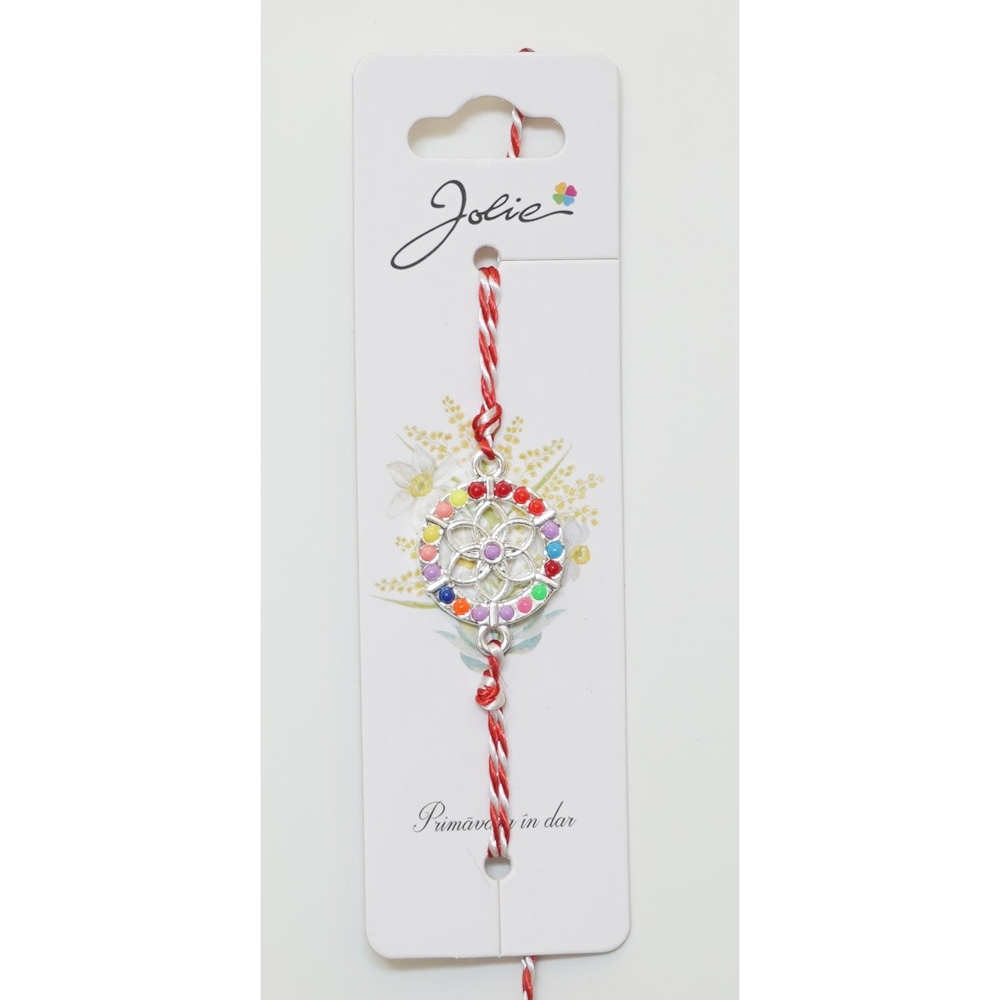 Martisor Bratara Alb-Rosu cu Pandantiv Metalic, Model 5-0