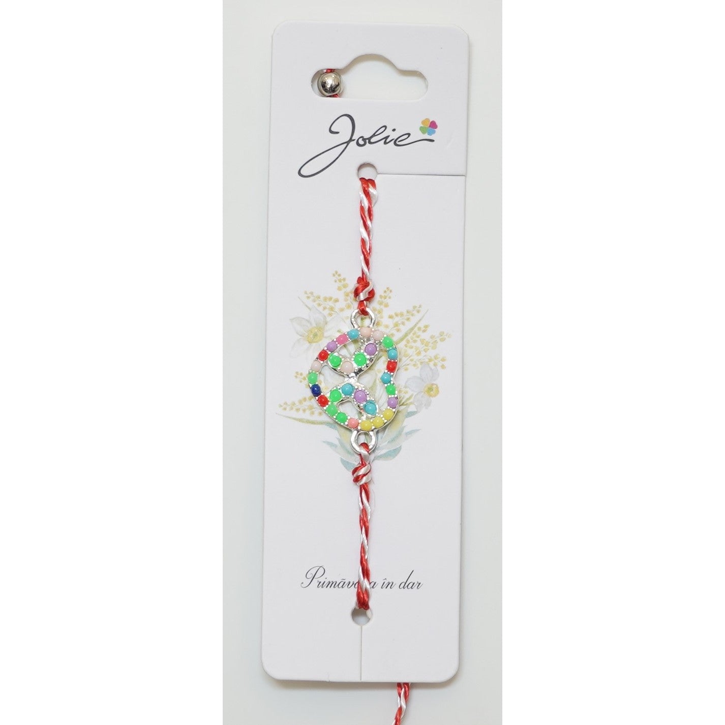 Martisor Bratara Alb-Rosu cu Pandantiv Metalic, Model 6-0