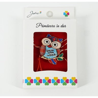 Martisor Brosa Mica in Cutie, Dimensiune Brosa 2.5-3 cm, Material Metal, Model Bufnita "Sotia mea iubita"-0