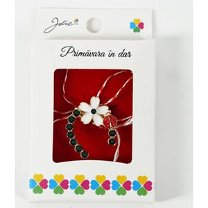 Martisor Brosa Mica in Cutie, Dimensiune Brosa 2.5-3 cm, Material Metal, Model Potcoava cu Floare Alba-0